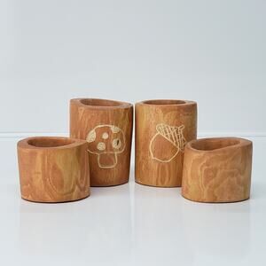 Hand Carved Wood Candle Holders Set of 4 Round Tea Light Rustic Farmhouse Decor